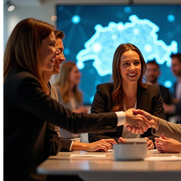Networking event in Switzerland with business professionals shaking hands and a digital connectivity map in the background.