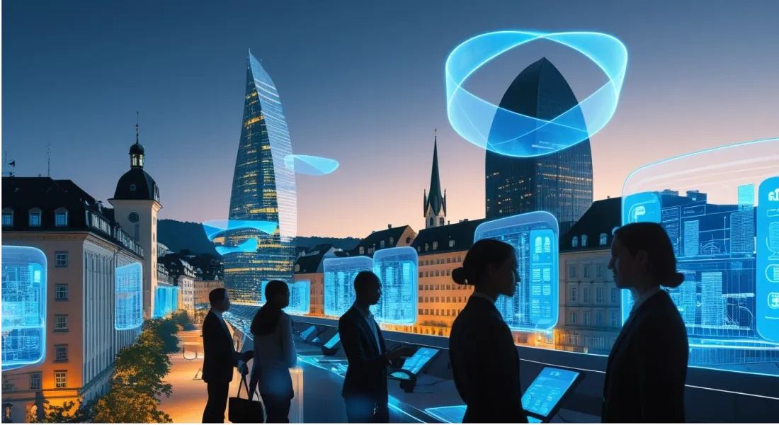 O panoramă futuristă a Zürich-ului, unde profesioniști interacționează cu holograme și tehnologii AI pentru viitorul muncii.