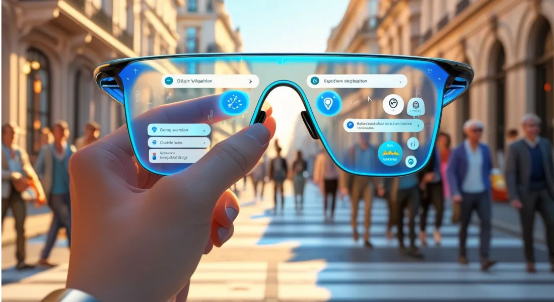 Futuristic smart glasses with an AR interface displaying navigation, weather, and location-based info on a busy city street.