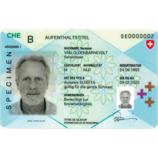  Specimen of Swiss B residence permit, showing required format and details for new residents.