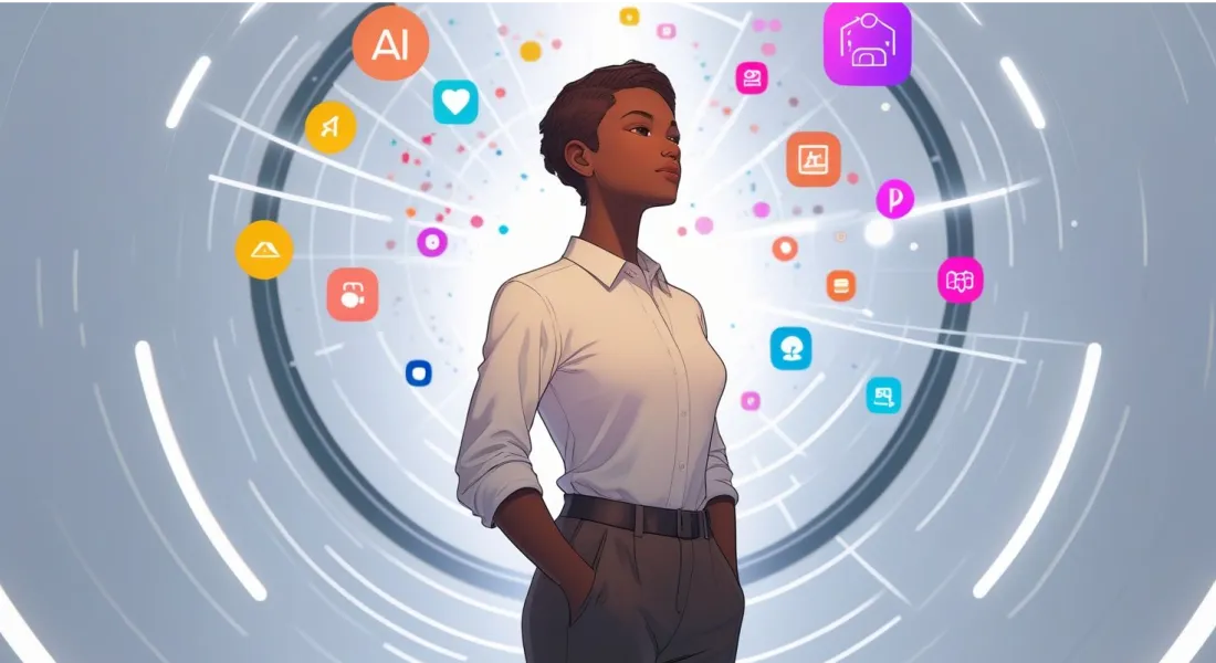 Confident woman standing in a glowing digital space surrounded by AI icons, symbolizing future-ready skills.