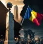 Symbolic image of Romania's post-revolution journey with a crumbling monument, divided crowds, and a fractured Romanian flag.