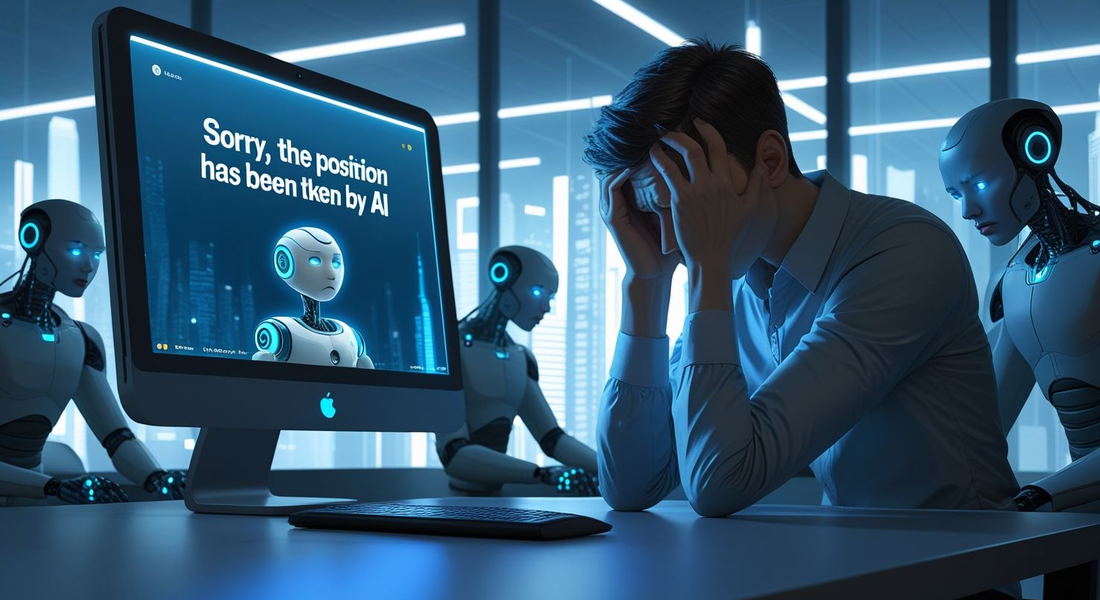 Frustrated job seeker learns AI has taken the position, surrounded by humanoid robots in a futuristic corporate office.