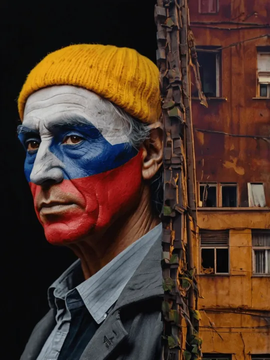 Man with Russian flag face paint and yellow hat beside a crumbling building, symbolizing Romania's political struggles.