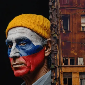 Man with Russian flag face paint and yellow hat beside a crumbling building, symbolizing Romania's political struggles.