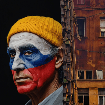 Man with Russian flag face paint and yellow hat beside a crumbling building, symbolizing Romania's political struggles.