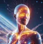 A human figure merging with digital technology, symbolizing the future of enhanced longevity and AI-powered evolution.