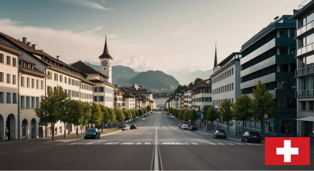 Scenic Swiss street with traditional architecture, a mountainous backdrop, and a Swiss flag—classic Alpine urban landscape.