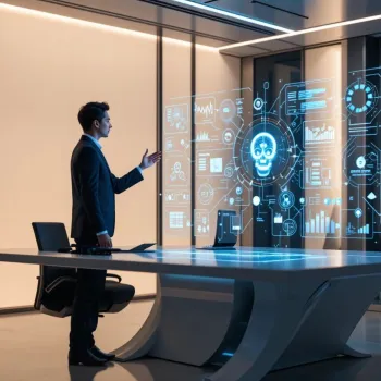AI-powered workplace with a sleek holographic display showing HR analytics, research insights, and personalization.