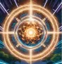 Futuristic landscape with a radiant quantum core, highlighting the potential of quantum AI to transform human progress.