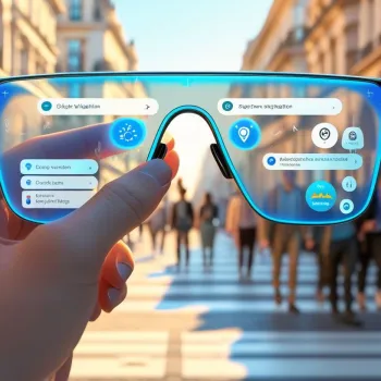 Augmented reality smart glasses showcasing interactive digital overlays for navigation, weather, and location insights in a bustling city.