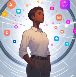 Confident woman standing in a glowing digital space, symbolizing AI skills, clarity, and career reinvention.