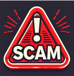 Red triangular warning sign with an exclamation mark and bold "SCAM" text, signaling danger against online fraud.